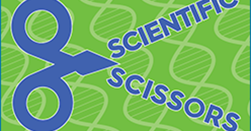 Blue pair of scissors that say scientific scissors, on a green background with yellow images of DNA